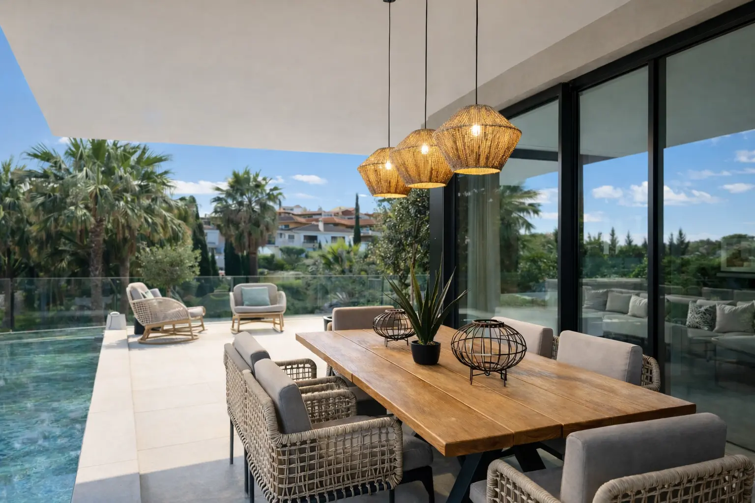 Sunlit Mediterranean villa living room with sea view designed by Rofine Stockholm